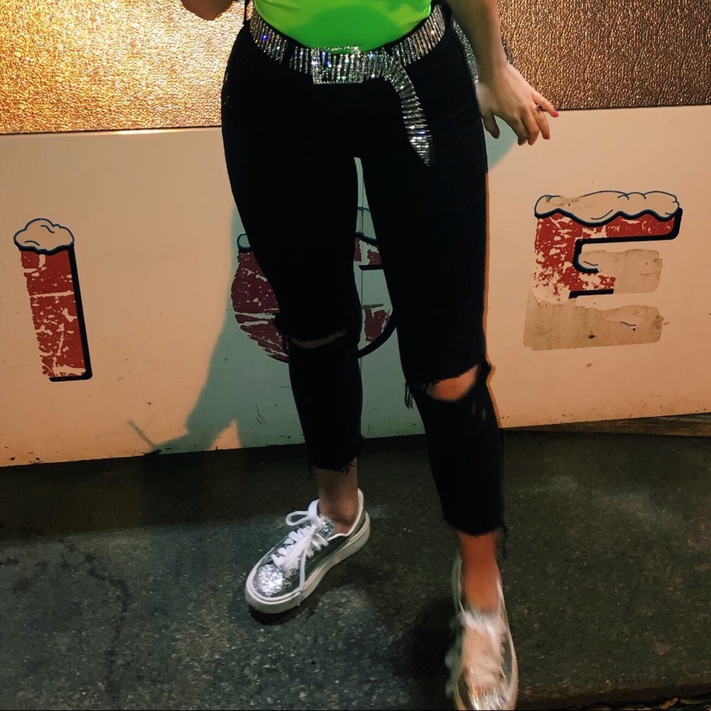 Black distressed at knee black jeans